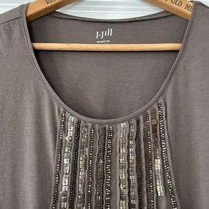 J Jill Beaded Sequined Taupe/Brown Short Sleeve Scoop Neck Tee Shirt Cotton